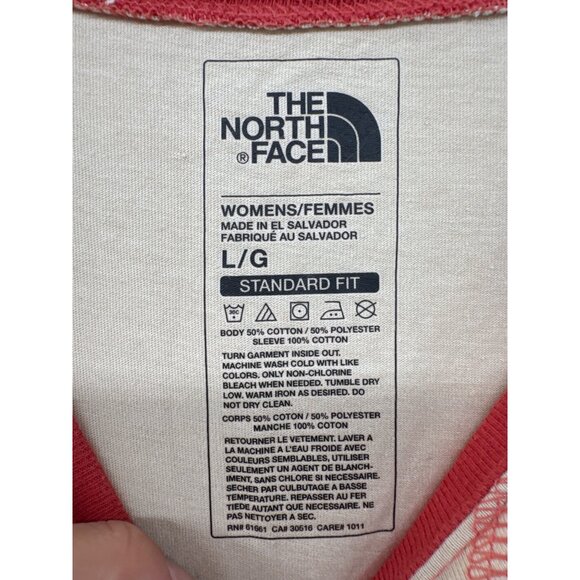 The North Face Womens TShirt Sz L Orange/Beige Logo SpellOut Retro 3/4-Slv Comfy - Picture 3 of 8